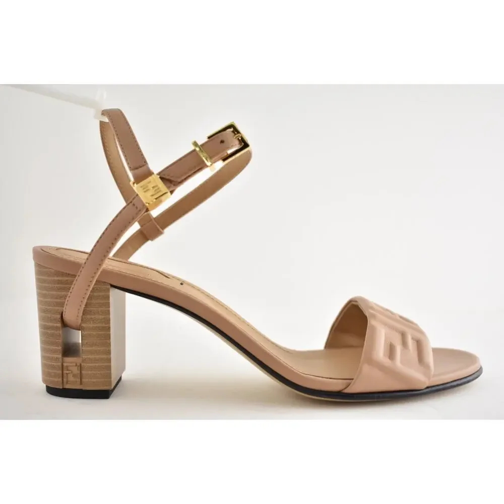 Fendi Delfina Sandal 65mm Dark Honey Beige Leather FF Logo Ankle Strap Heel 37.5